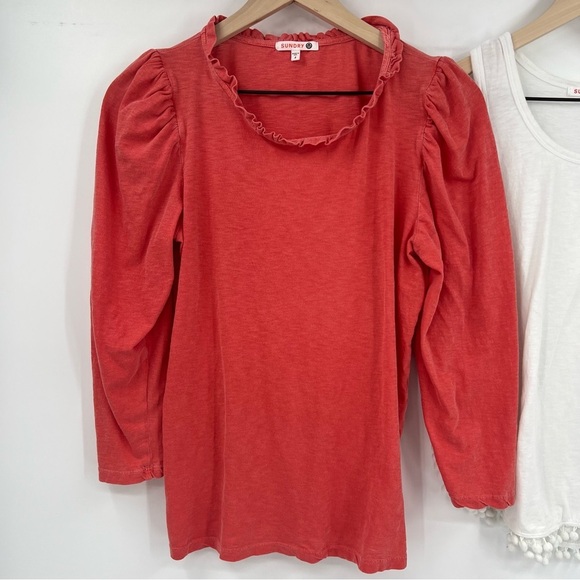 Bundle of 2 Sundry Tops Size 2 Medium Evereve White Pom Pom Tank Coral Ruffle - Picture 2 of 10